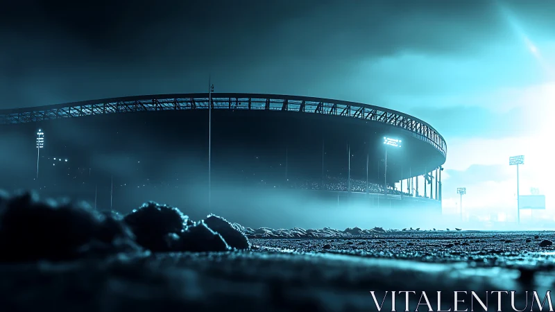 Neon storm over midnight stadium bones in rising fog.