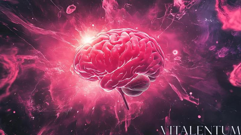 Luminous pink human brain suspended in abstract energy field.