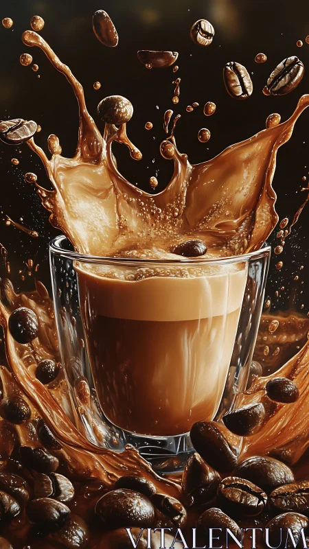 Coffee splash erupts around a rich, creamy espresso shot
