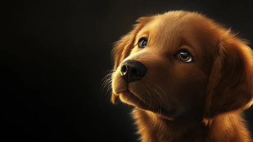 Golden puppy gazes upward in warm dramatic studio light