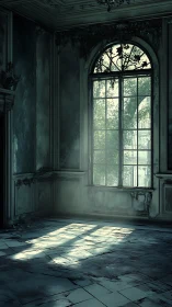 Digital painting of decayed manor interior with arched window.