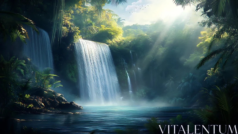 Layered rainforest waterfalls with volumetric light and mist interplay