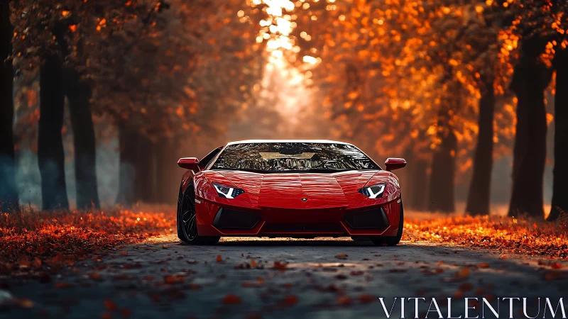 Red supercar parked on tree lined autumn road at dusk.