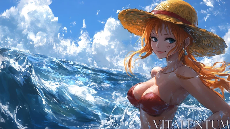 Anime redhead sailor in straw hat over dynamic ocean waves.