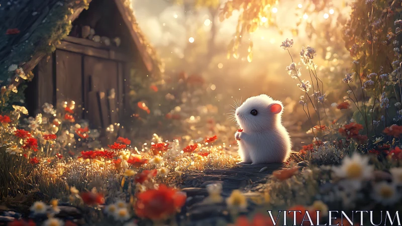 Tiny white mouse pauses in a golden, enchanted garden dusk