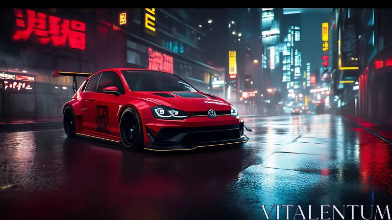 Cyberpunk street-legal racer in neon-soaked nightscape rendering.