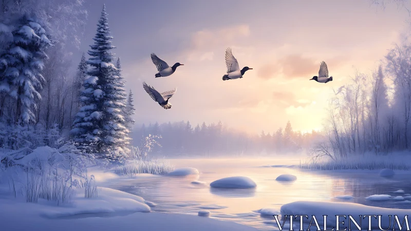 Winter river landscape with flying ducks at sunrise.