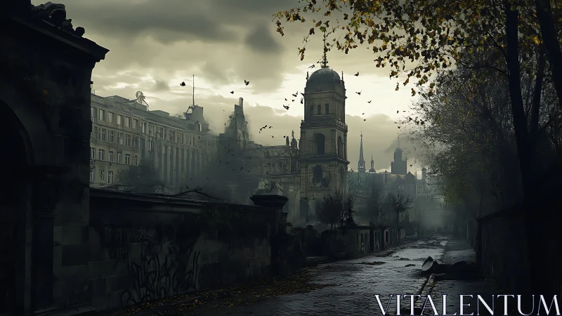 Deserted European street shows decaying church under storm clouds