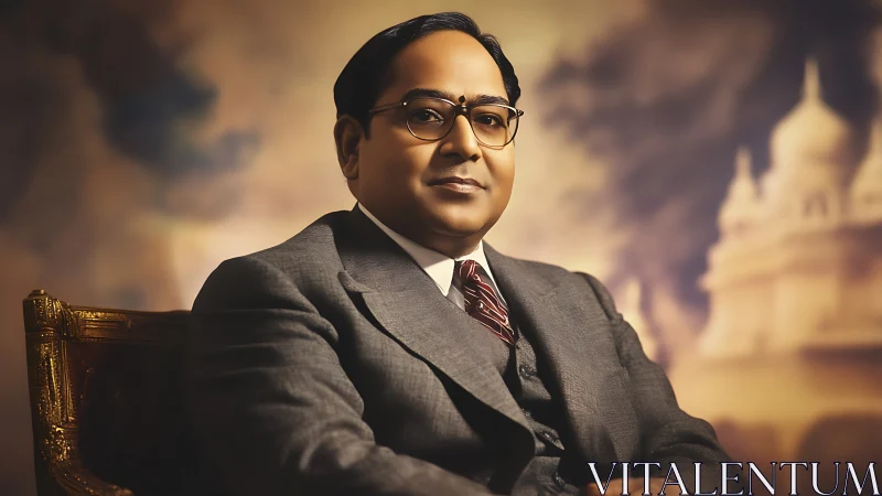 Seated man in formal suit before architectural backdrop.