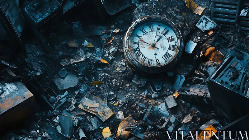 Rusting clock face lies shattered amid dystopian ruins.