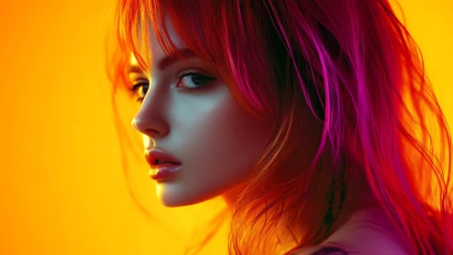 Neon-lit portrait shows profile of woman with vivid magenta hair