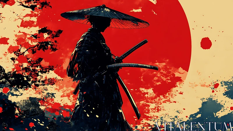 Lone ronin silhouette before crimson sunburst abstraction.