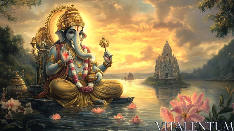 Divine Ganesha seated on river lotus with temple at sunset.