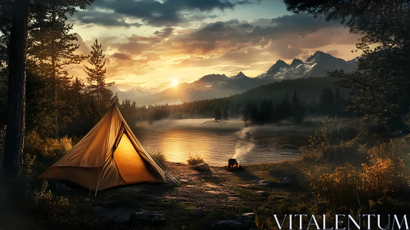 Sunlit mountain lake campsite glows under golden sunset.