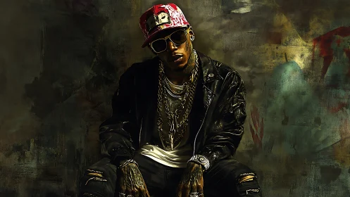 Urban portrait of seated rapper in grunge digital painting style