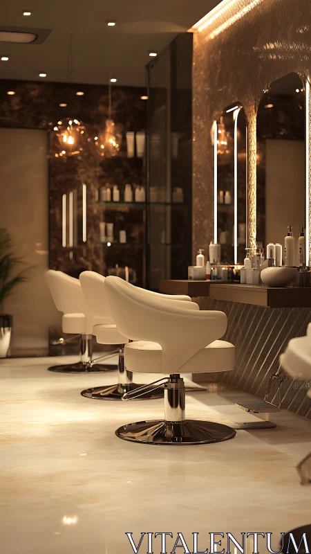 Luxurious salon interior with modern cream styling chairs.
