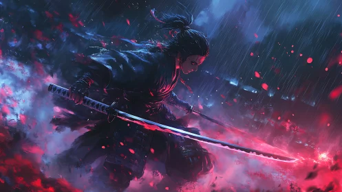 Crimson storm samurai cleaves the night with burning steel.