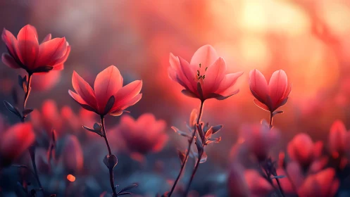 Sunlit coral blossoms drifting through a dreamlit garden.