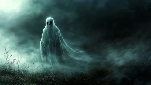 Translucent spectral figure in dense fog over dark ground.