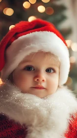 Festive child portrait in red Santa hat and bokeh lights.