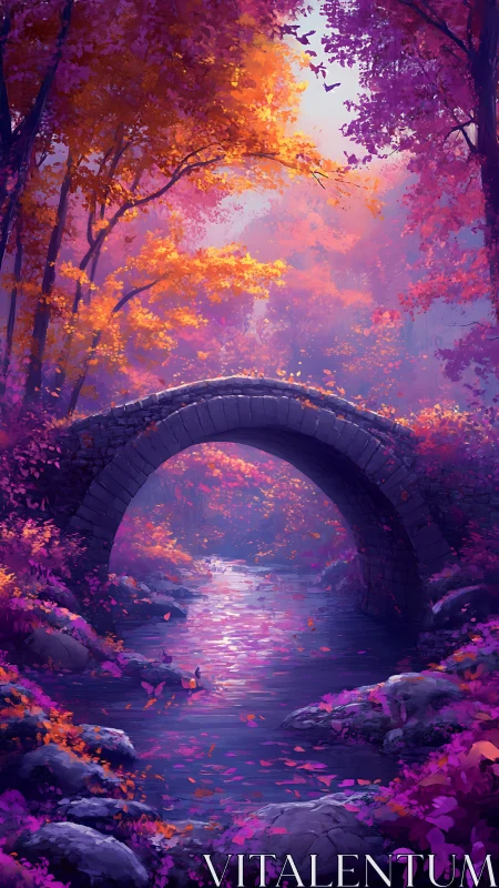Luminous stone bridge over violet river in autumn forest.