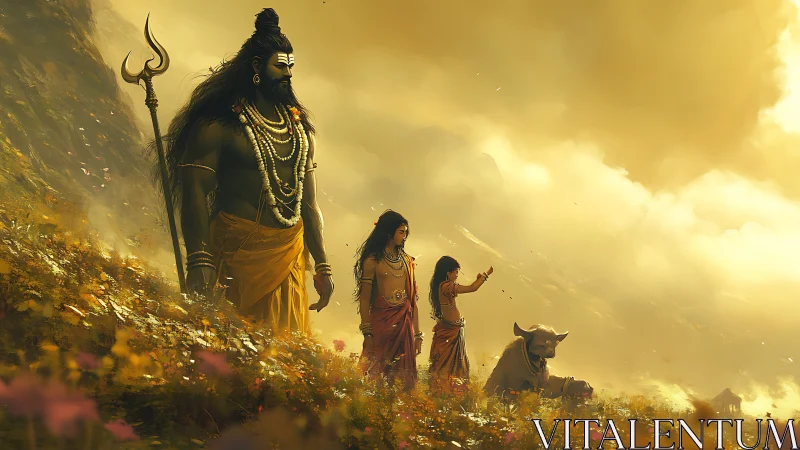 Mythic figures stand on a flowered hillside under golden sky