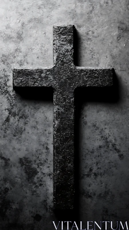 Dark textured cross on worn stone background surface.