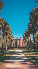Sunlit campus walkway leading toward a redbrick hall.