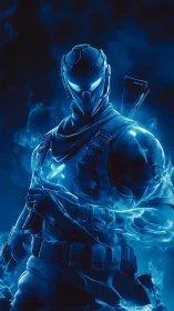 Glowing cyber warrior wrapped in swirling blue energy.