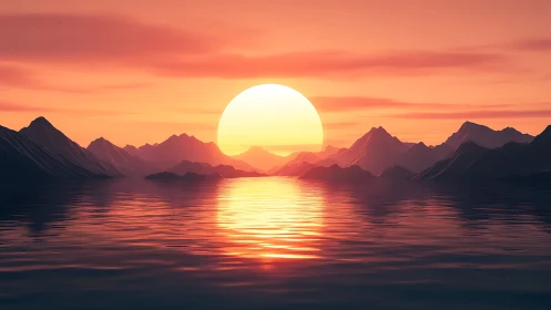 Sun sets behind digital mountain range over reflective water.