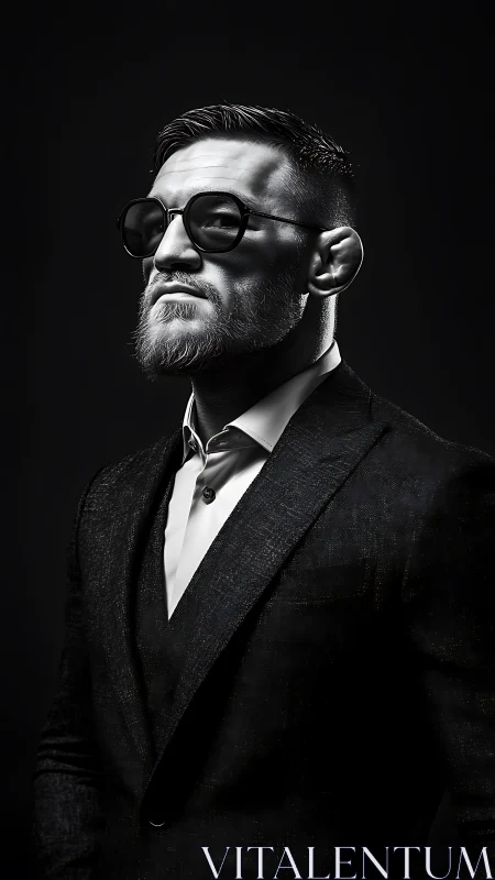 Bearded man in suit and sunglasses poses in dramatic profile