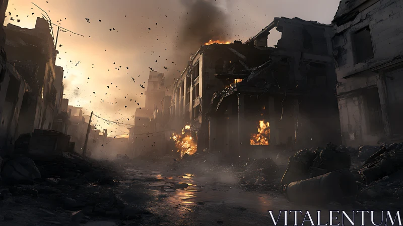 War-torn city street burns under a bleak smoky sky.