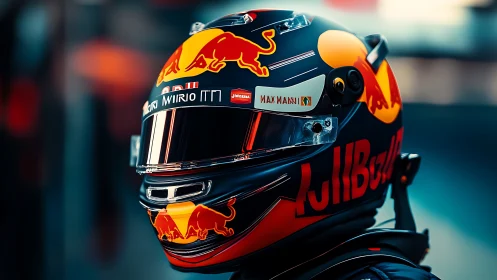High-gloss racing helmet with reflective visor and sponsor livery