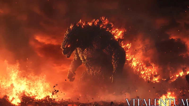 Fiery titan strides through blazing ruin with molten power