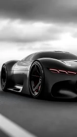 Photorealistic low-angle profile of futuristic black supercar.