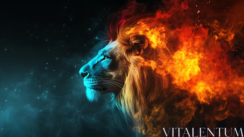 Lion profile rendered with dual-tone fire and smoke effects