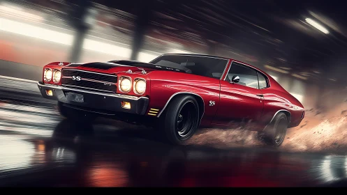 Red muscle car drifts through reflective tunnel environment