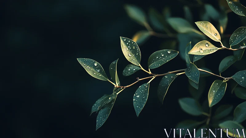 Close-up of green leaves with water droplets, moody natural style.