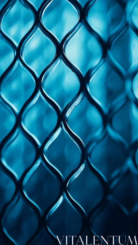 Curved metal mesh pattern under cool blue abstract light.