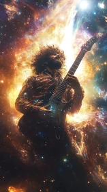 Cosmic rock guitarist silhouetted in radiant interstellar nebula