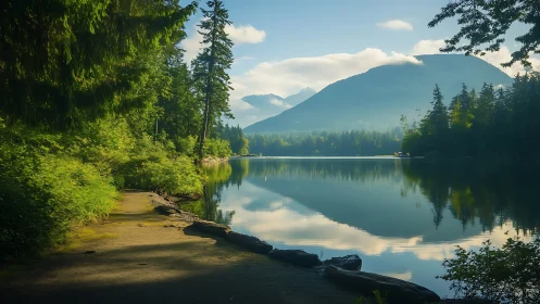 Forest lake reflects distant mountains under soft morning light