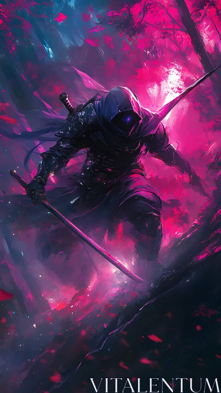 Neon-shadowed ninja storms a glowing twilight battlefield.