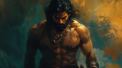 Muscular warrior in chiaroscuro brushwork, ambient motion field.