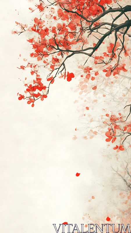 Minimal branch artwork with red leaves on pale background.