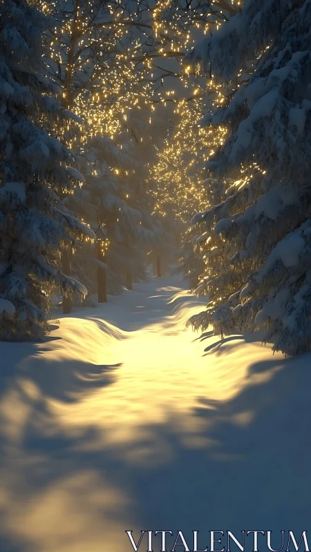 Golden lights illuminate a tranquil snowy forest path