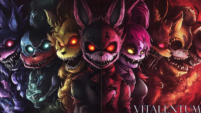 Demonic animatronic lineup glows with split neon lighting.