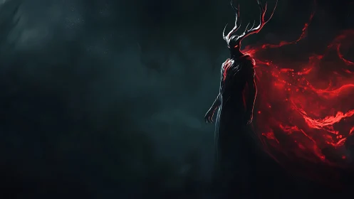 Antlered void entity radiating turbulent crimson energy field.