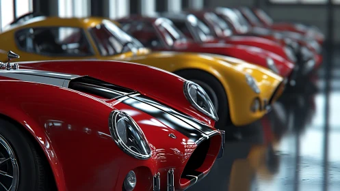 Chrome-slicked scarlet roadsters pose in showroom reverie.