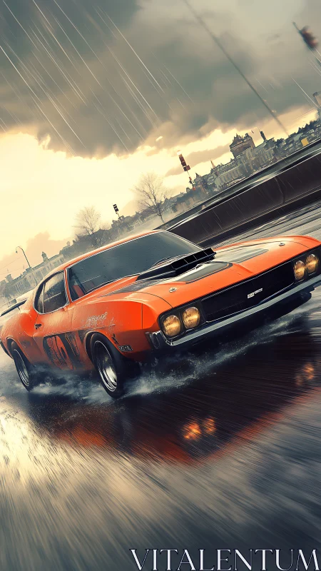Orange classic muscle car moves through wet urban roadway