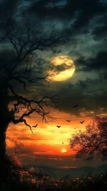 Nocturnal eclipse over burning horizon with silhouetted trees.